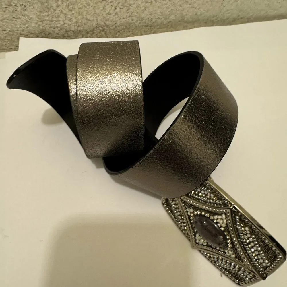 Chico's Black Belt with Decorative Silver-Tone Beaded Buckle
